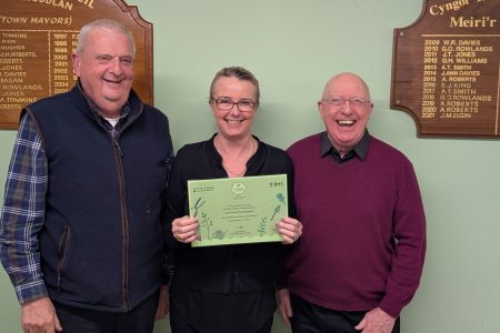 Arwel Roberts, Mayor Cllr Jackie Burnham and Mike Kermode with Rhuddlan Nature Reserve's Outstanding Wales in Bloom award